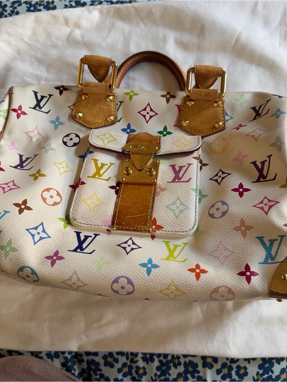 Louis Vuitton White Multicolor Monogram Canvas Tote with Tan Trim